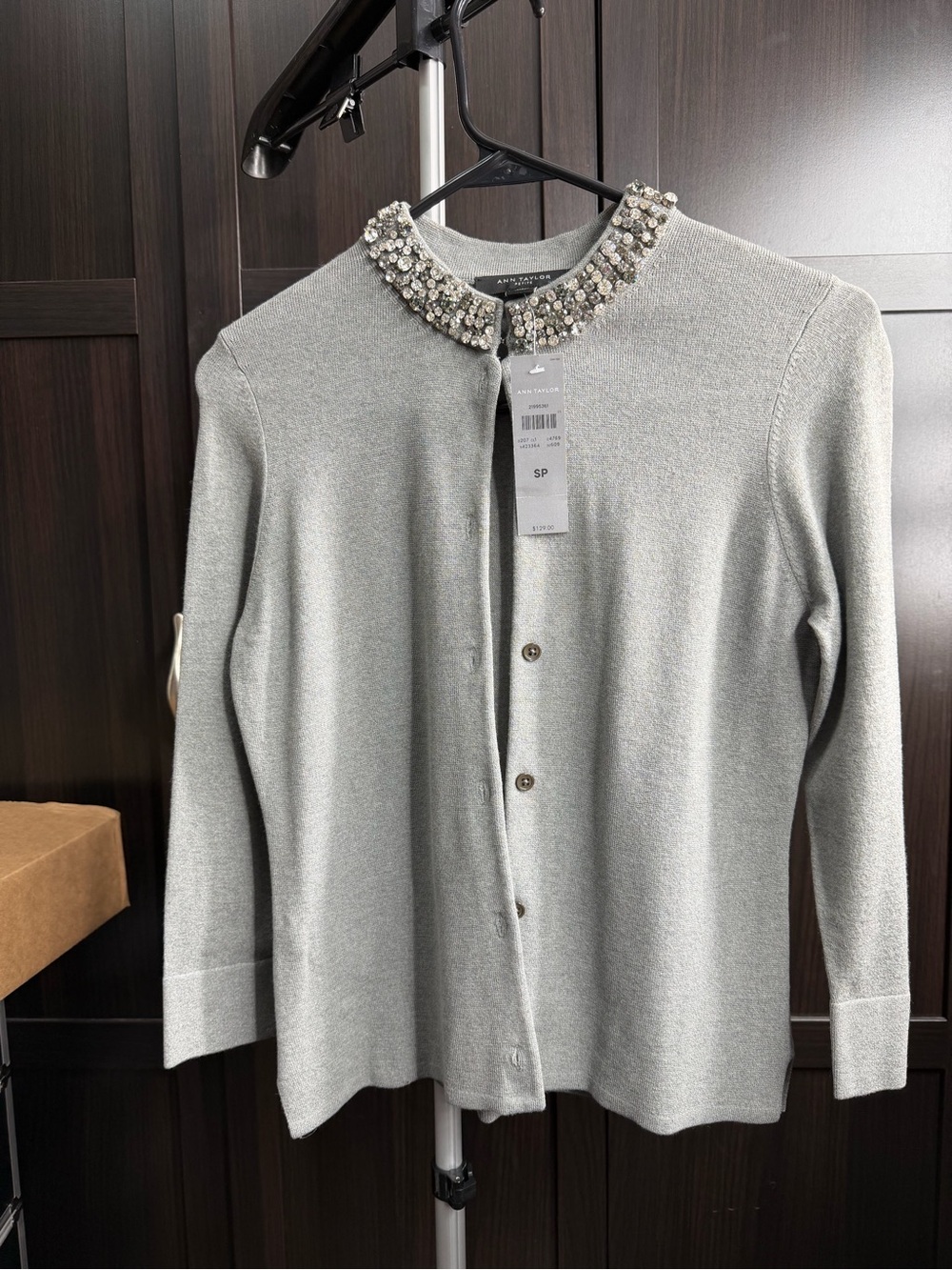 Ann Taylor Gray Jeweled Collar Cardigan